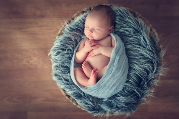 sleeping newborn baby in a basket